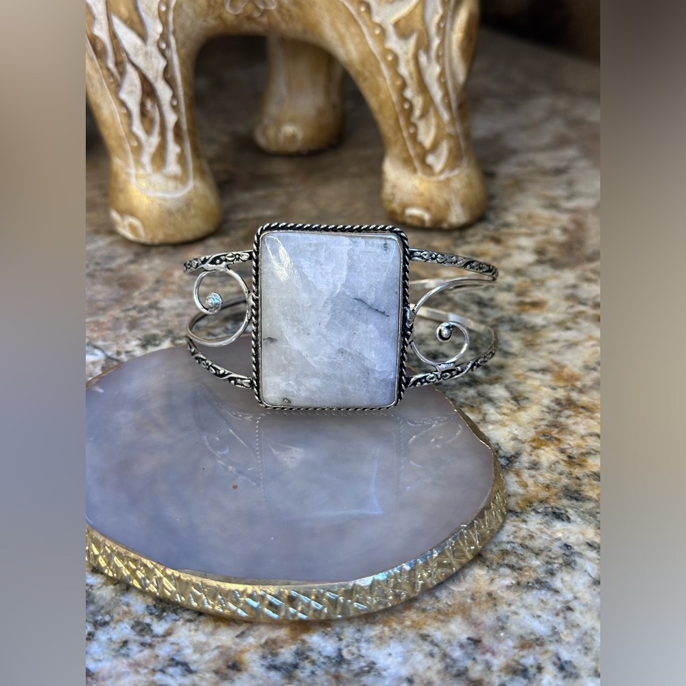 Hand Crafted Silver Bracelet with White Stone
